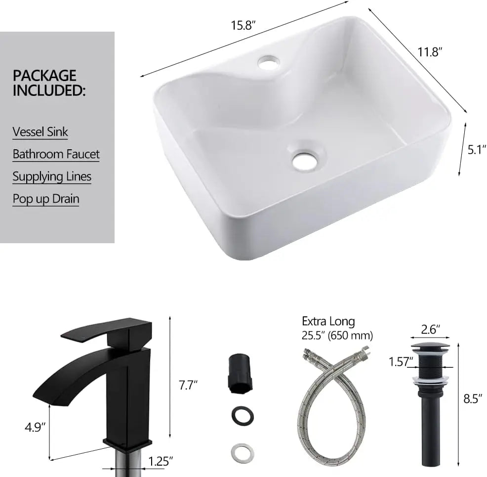 White Rectangle Ceramic Bathroom Vessel Sink -16x12 Inch Ceramic Art Basin Bathroom Sink And Black Waterfall Spout Faucet Combo