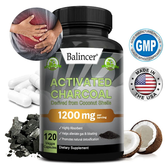 Activated Charcoal Capsules 1,200 Mg - 
Organic Coconut Shell, Helps Relieve Gas & Bloating, Detox & Bowel, Digestive Supplement
