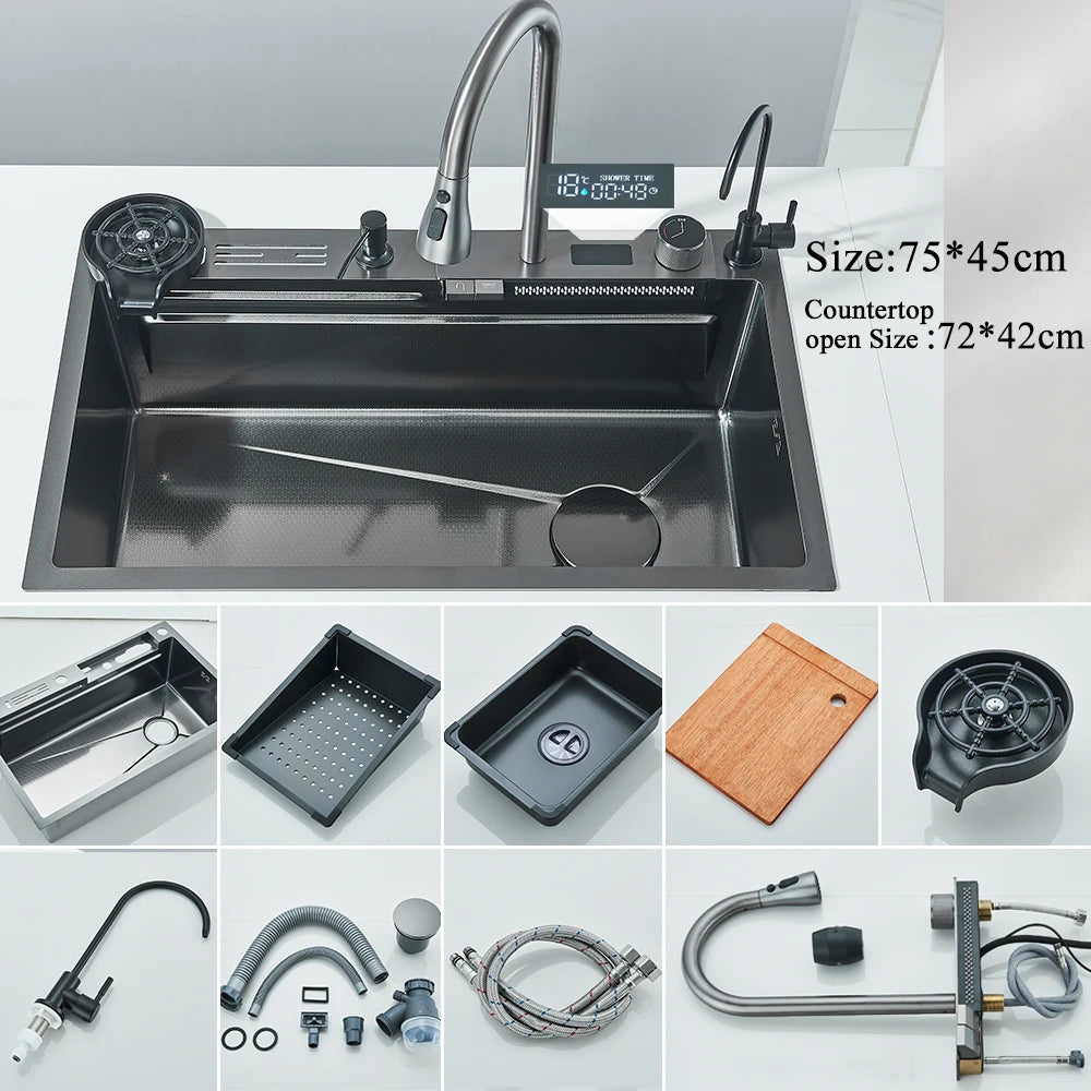 Stainless Steel Waterfall Kitchen Sink Integrated Digital Display Faucet Set Soap Dispenser