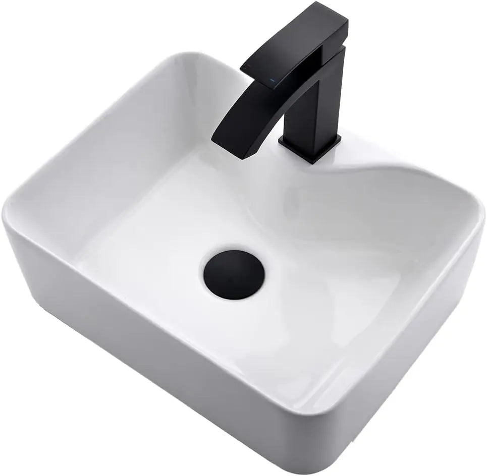 White Rectangle Ceramic Bathroom Vessel Sink -16x12 Inch Ceramic Art Basin Bathroom Sink And Black Waterfall Spout Faucet Combo