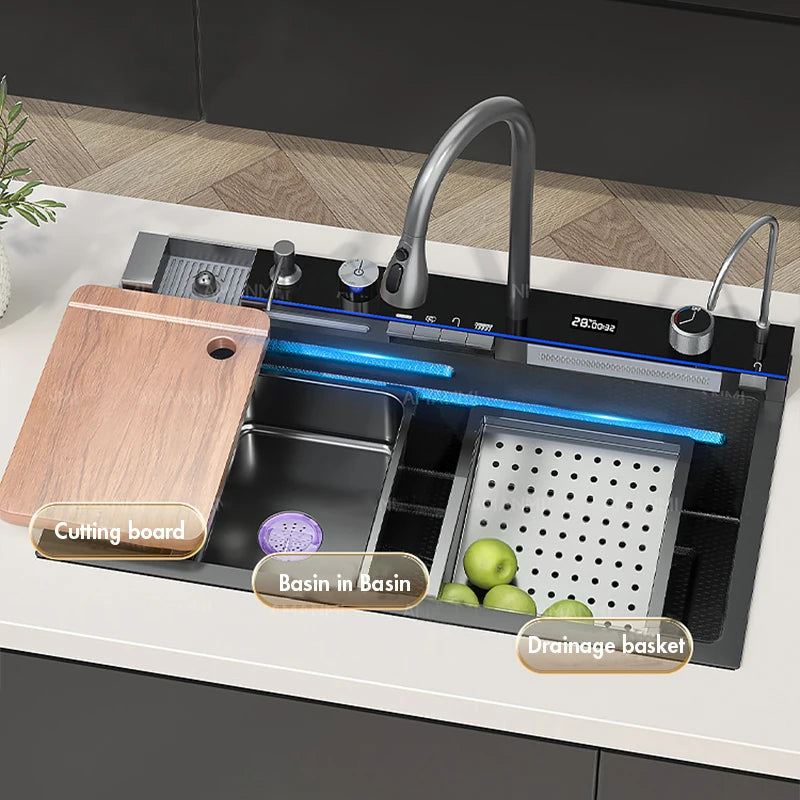 Stainless Steel Waterfall Kitchen Sink Integrated Digital Display Faucet Set Soap Dispenser