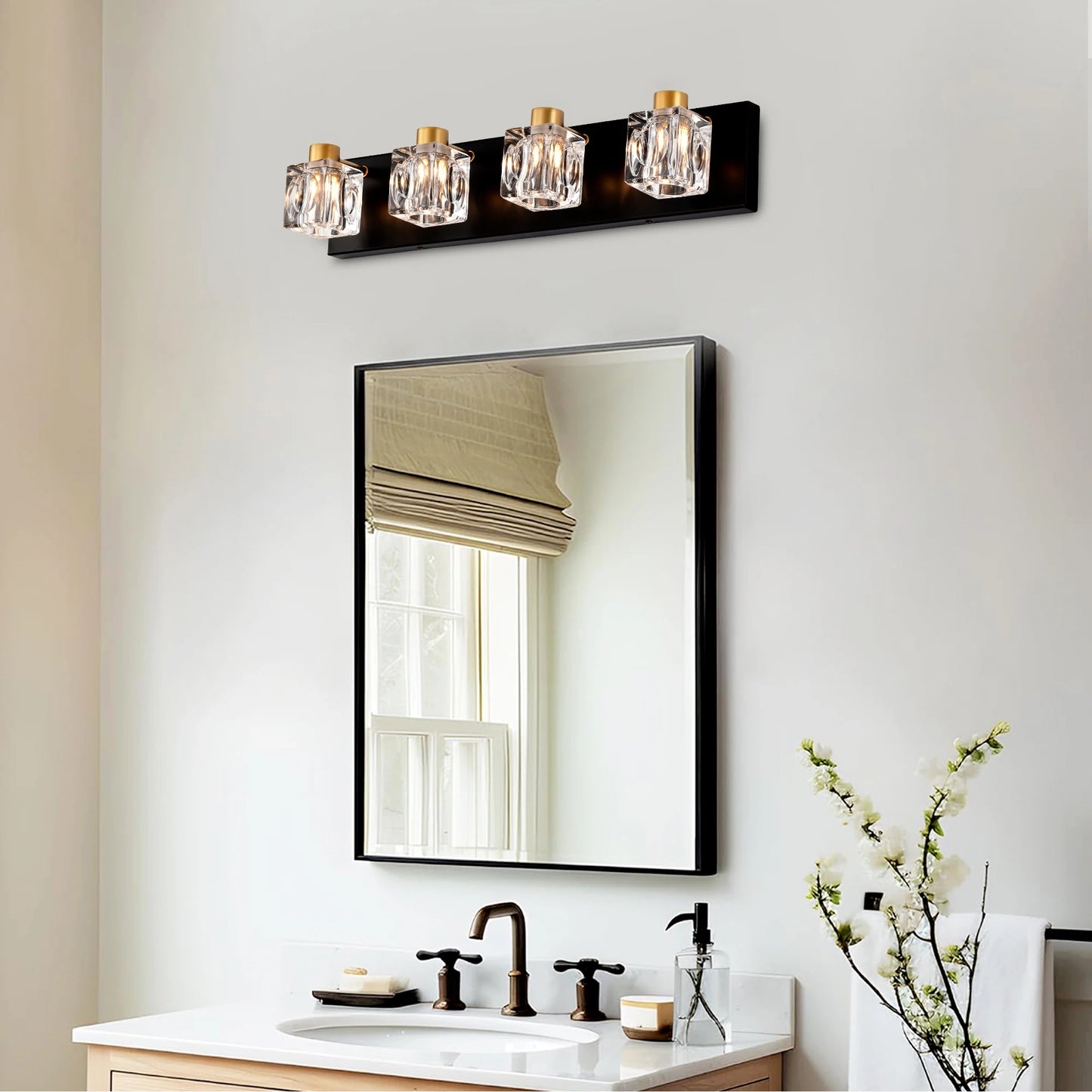 4-Light Matte Black + Gold Bathroom Light Fixtures, Modern Vanity Lights