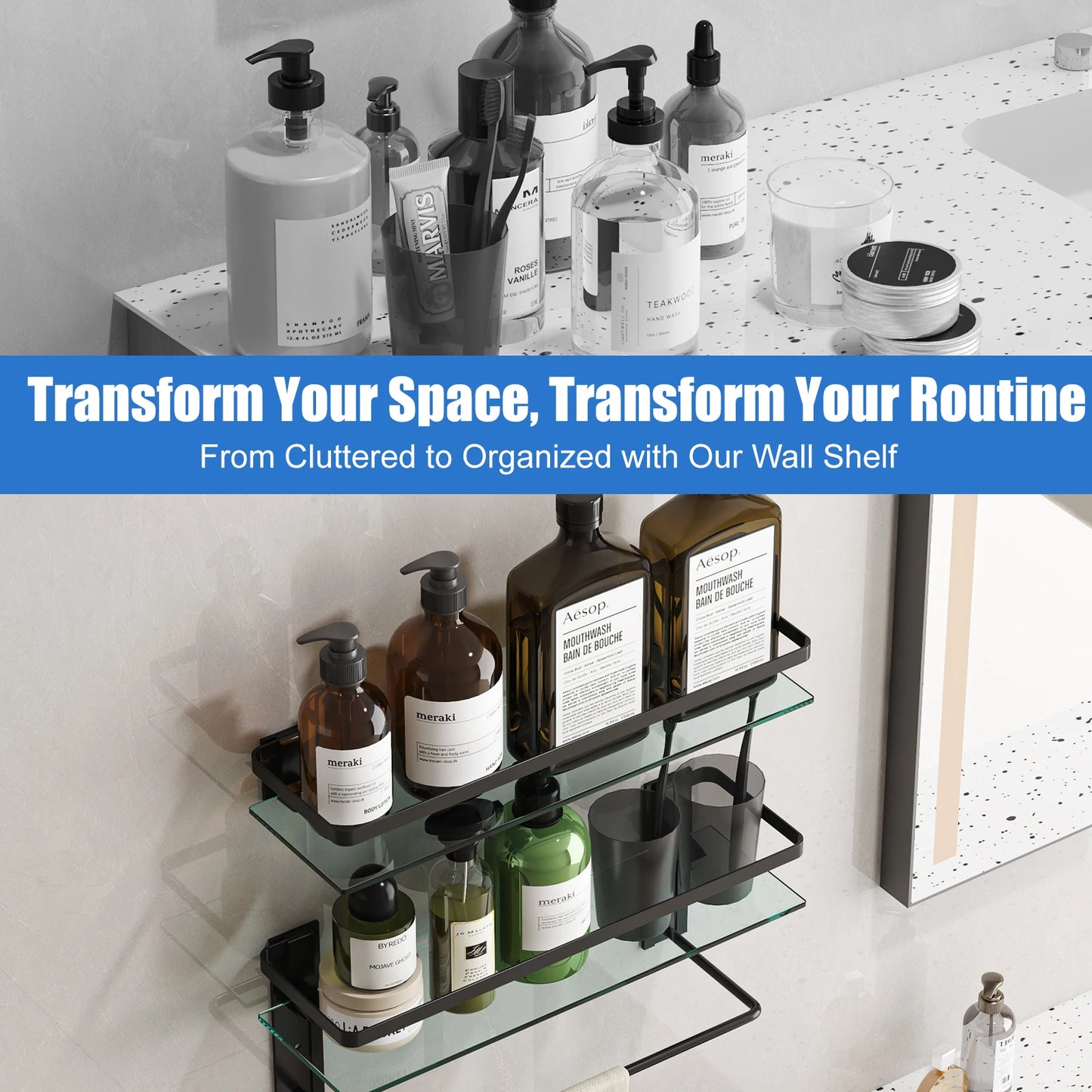 Glass Bathroom Shelf with Towel Bar 15.7in 
Bathroom Wall Shelves Rustproof Metal Bathroom Wall Organizer