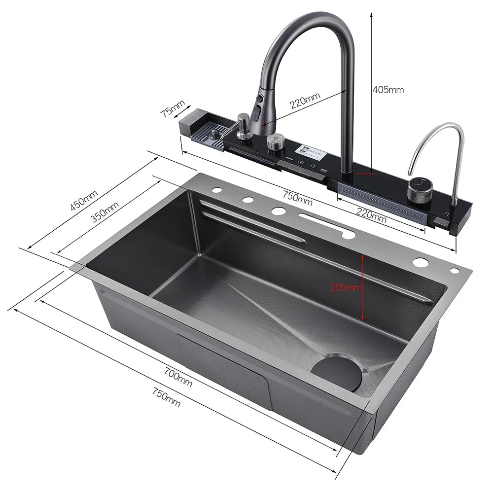 Stainless Steel Waterfall Kitchen Sink Integrated Digital Display Faucet Set Soap Dispenser