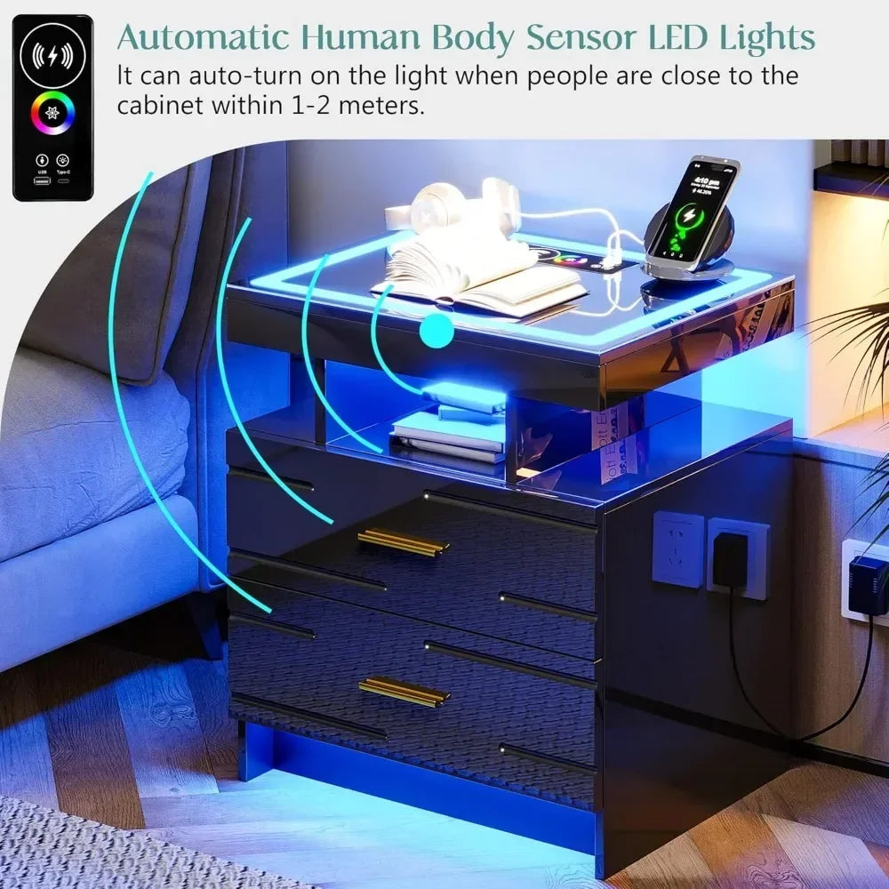 Nightstand with Wireless Charging Station, 
LED Lights with 2 Drawers, Glossy Bedside Table Glass Top
