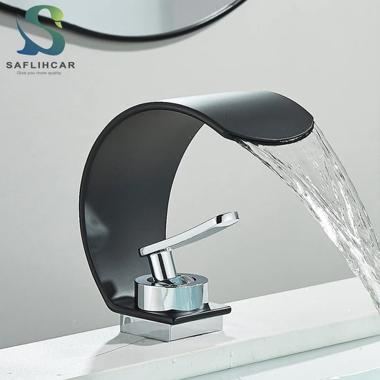 Curve Single Handle Black Bathroom Sink Faucet Hot Cold Mixer Water Tap Waterfall Vanity Vessel Sink Faucet