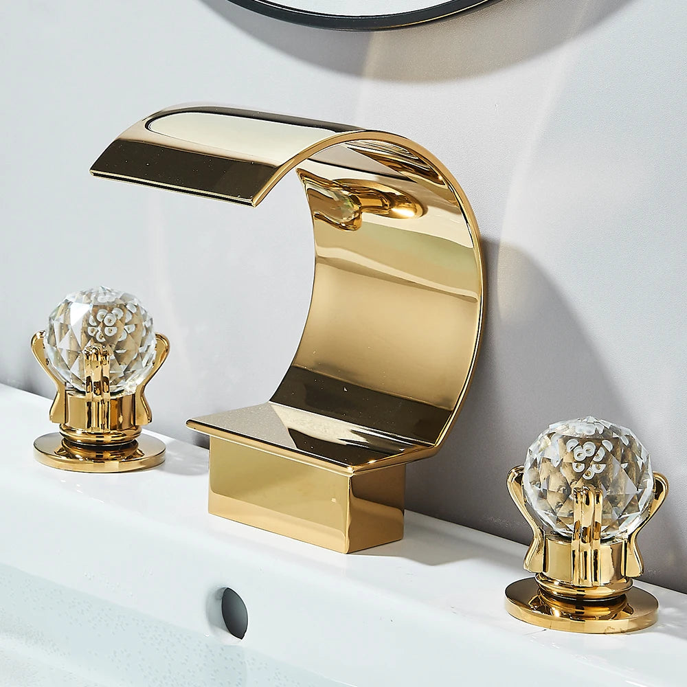 Gold Waterfall Bathroom Faucet Crane Crystal Handle