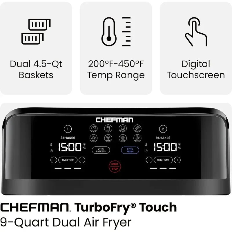6 Quart Dual Basket Air Fryer - Digital Touchscreen, Smart Sync Finish, Hi-Fry, Auto Shutoff, 2 Independent 3QT Nonstick
