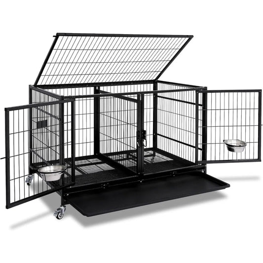 43 Inch Metal Open Top Stackable Heavy Duty Dog Cage Kennel 
with Three Door, Metal Floor Grid, Divider and Feeding Bowl