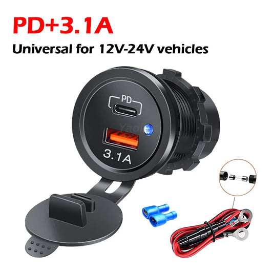 Newest Motorcycle Car 2025 Charger LED Light USB Type-C Charger 
Power Socket Cigarette Lighter Waterproof for Car Truck ATV Boat