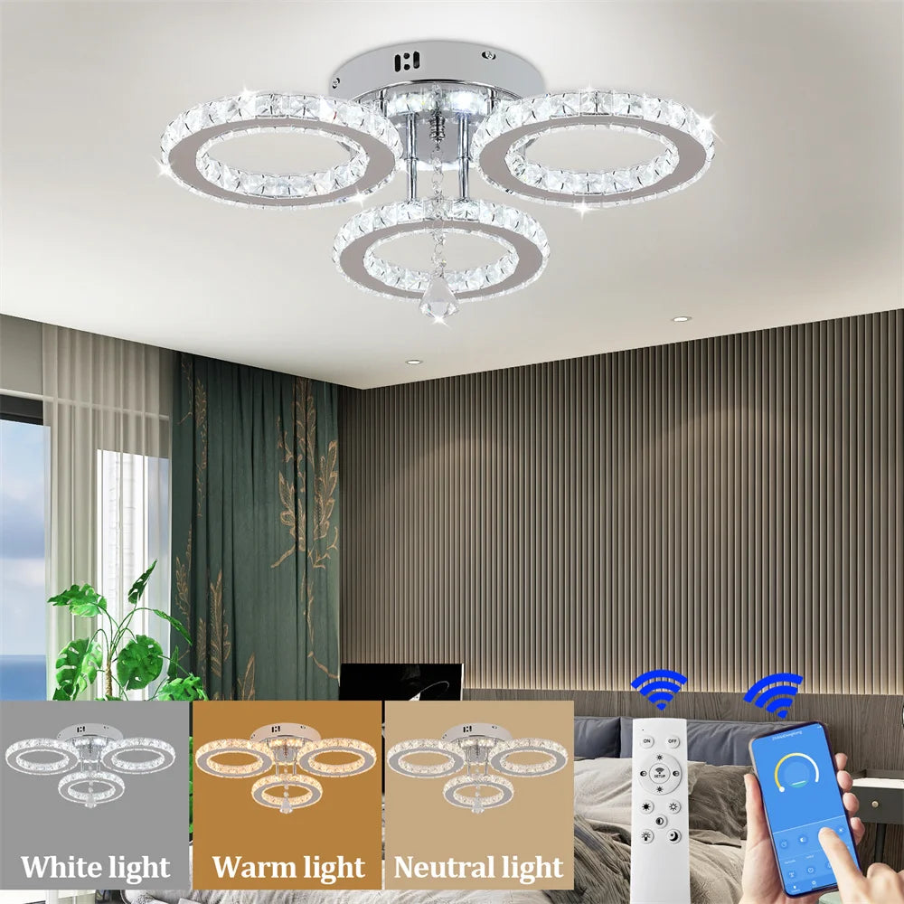 5 Fixture Flush Mount Rings, Dimmable, Crystal Chandalier