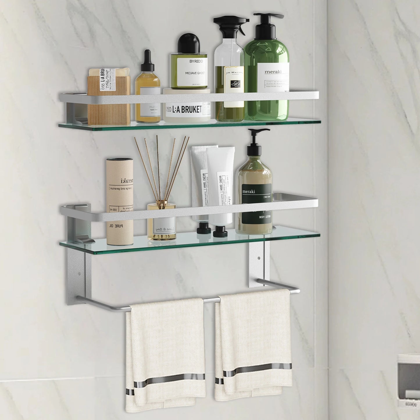 Glass Bathroom Shelf with Towel Bar 15.7in 
Bathroom Wall Shelves Rustproof Metal Bathroom Wall Organizer