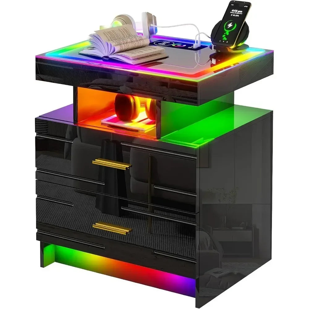 Nightstand with Wireless Charging Station, 
LED Lights with 2 Drawers, Glossy Bedside Table Glass Top