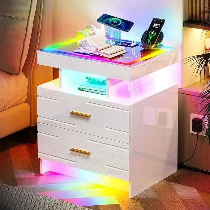Nightstand with Wireless Charging Station, 
LED Lights with 2 Drawers, Glossy Bedside Table Glass Top
