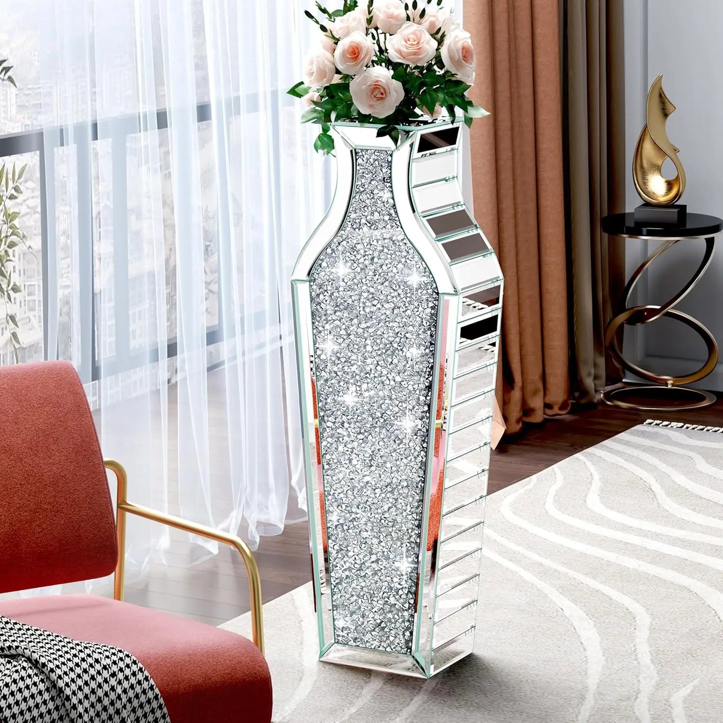 27" Tall Floor Crystal Vase Crushed Diamond