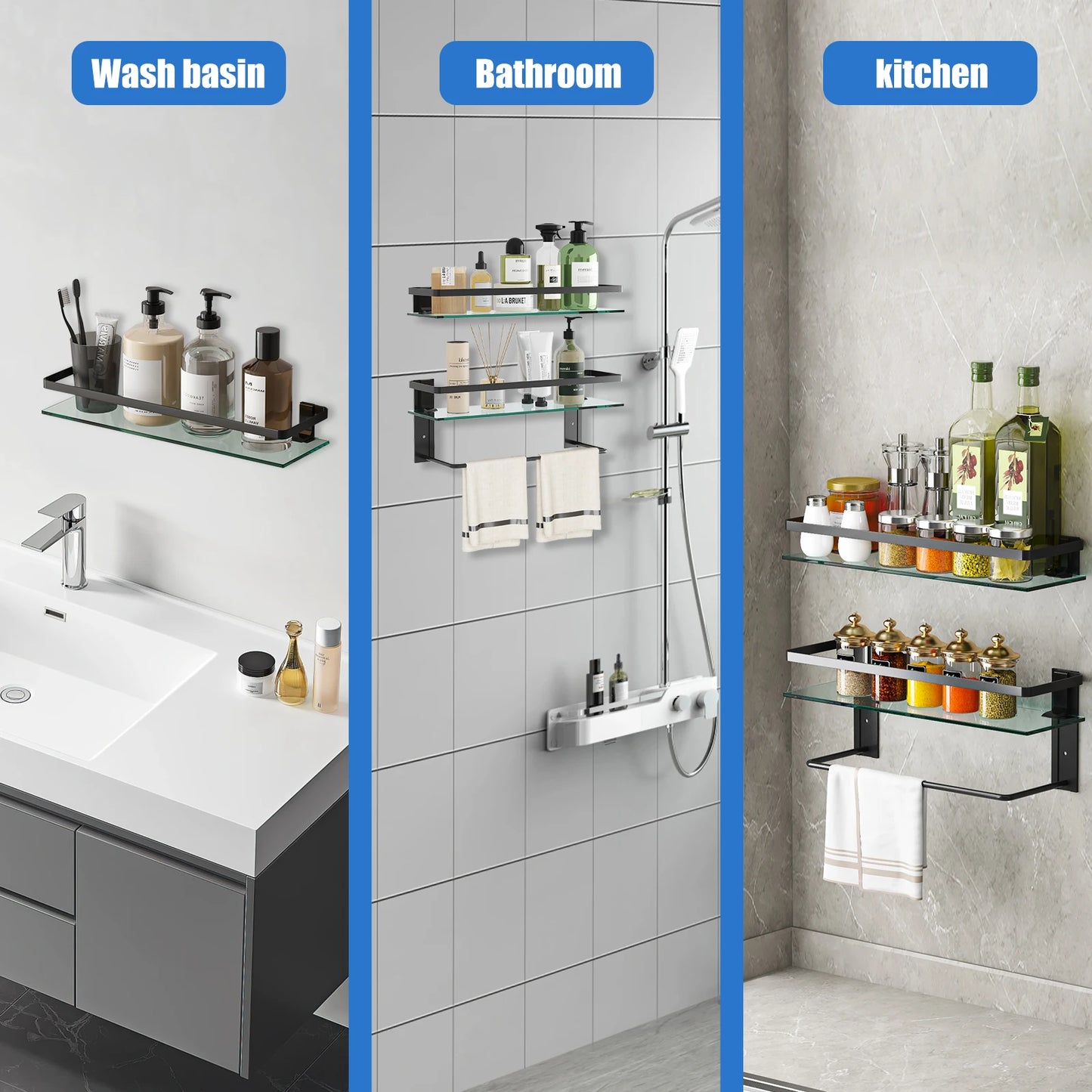 Glass Bathroom Shelf with Towel Bar 15.7in 
Bathroom Wall Shelves Rustproof Metal Bathroom Wall Organizer