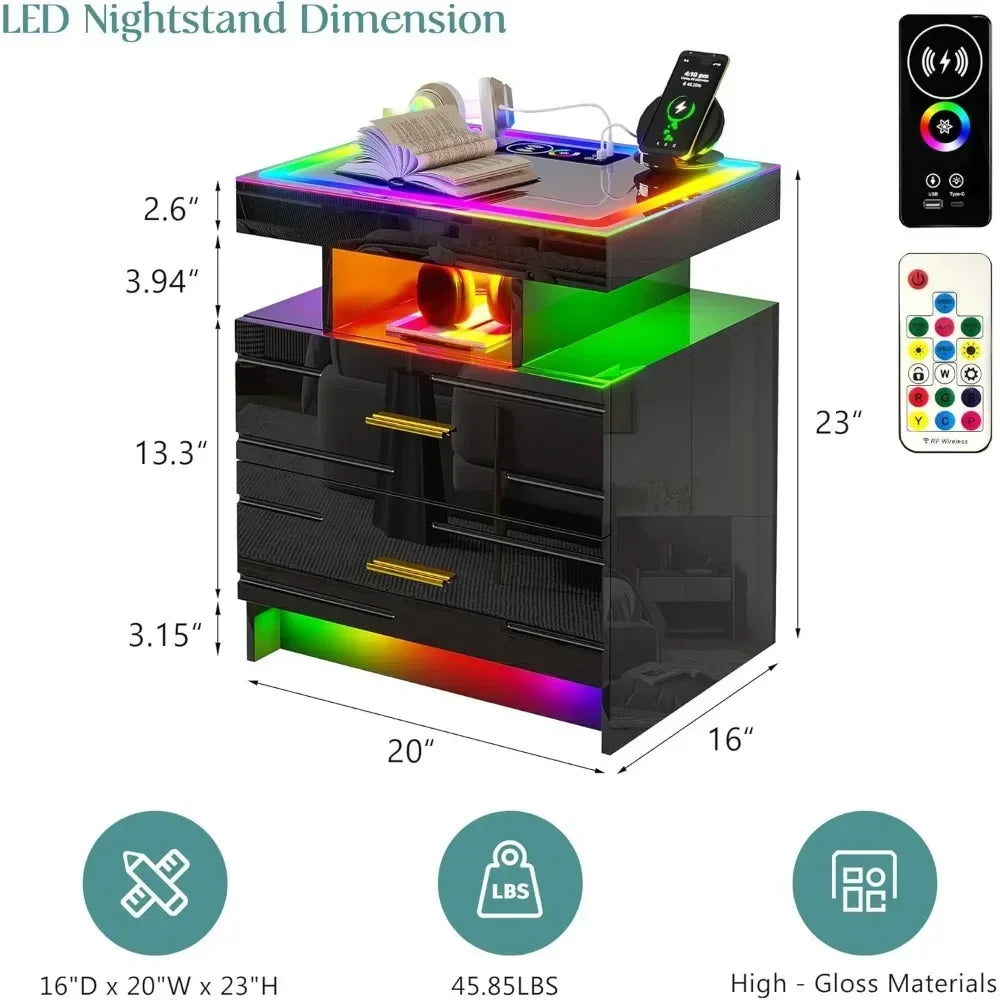Nightstand with Wireless Charging Station, 
LED Lights with 2 Drawers, Glossy Bedside Table Glass Top