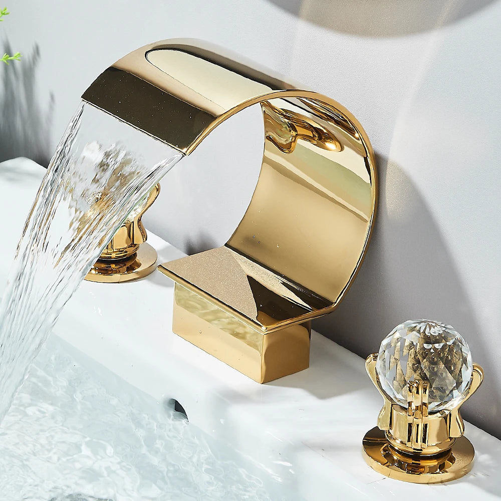 Gold Waterfall Bathroom Faucet Crane Crystal Handle