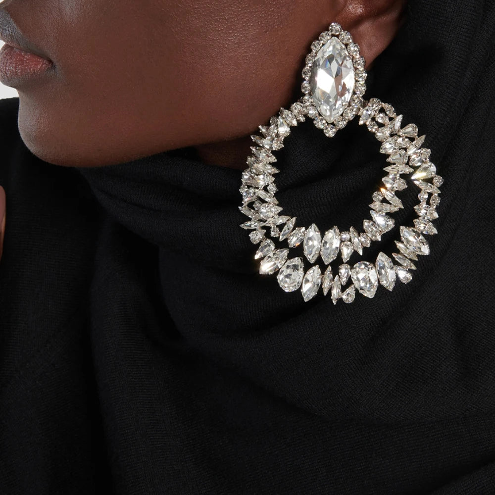 Geometric Clip on Earrings Elegant Large Rhinestones Hoop Earrings