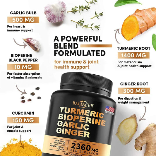 Turmeric Extract - helps fast absorption of vitamins and 
anti-inflammatory, joint muscle, immune system health