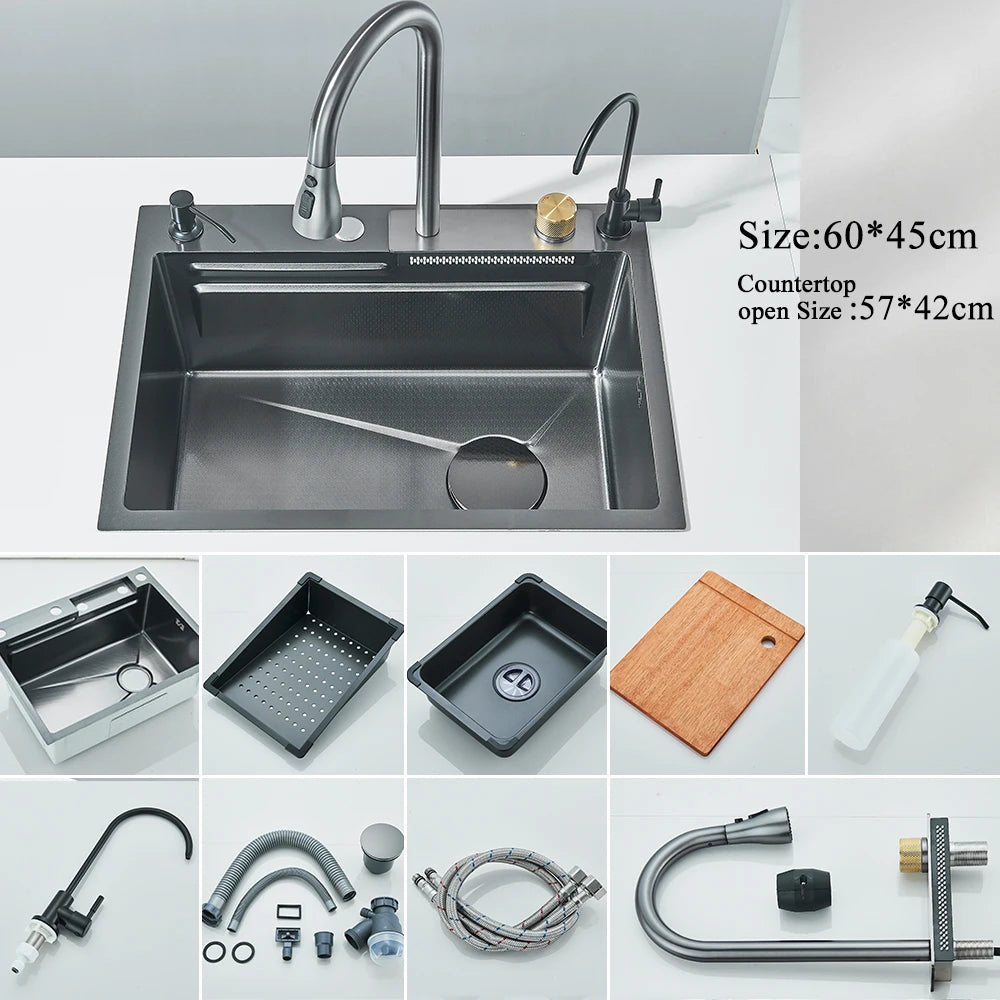 Stainless Steel Waterfall Kitchen Sink Integrated Digital Display Faucet Set Soap Dispenser